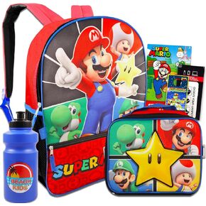 Super Mario Backpack and Lunch Box Set for Kids - Bundle with Mario Backpack, Mario Lunch Bag, Stickers, Water Bottle, More | Mario Backpack for Boys 4-6