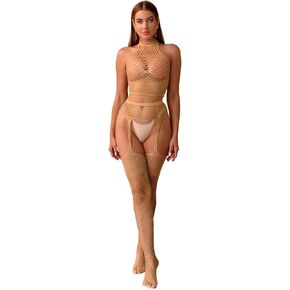 Walang Lip Women's Sexy Lingerie Set Lace Garter + Top Hollow-Out Fishnet Mesh Sleepwear Party Base Free Size Sexy Babydoll