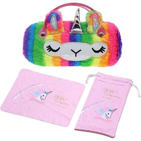 Fluffy Faux Fur Unicorn Glasses Case Kit with Cleaning Cloth & Eyeglass Pouch Holder Hard Shell with Handle