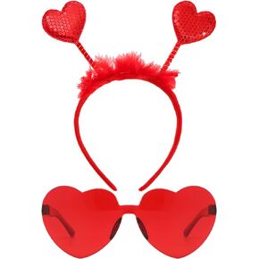 Valentine's Day Heart Headband and Heart-Shaped Glasses Set - Red Romantic Head Bopper Costume Dress-Up Accessories for Wedding, Engagement, Halloween, Anniversary, Bridal Shower, Birthday Party Favor