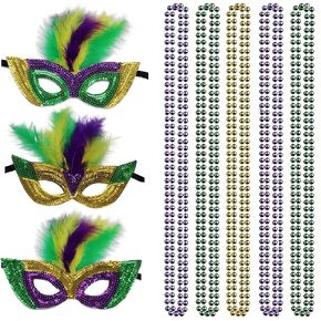 مجموعة من 12 قطعة من أقنعة ماردي جراس وقلادات الخرز - مجموعة إكسسوارات زي ماردي جراس بما في ذلك قلادات ماردي جراس وقناع للحفلات التنكرية in Kuwait