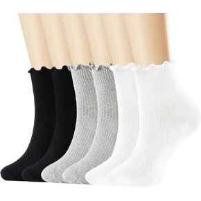 Women's Ruffled Socks,Cute Ankle Boot Frilly Socks Soft Knit Cotton Lettuce Trim Crew Socks for Teen Women 6 Pairs