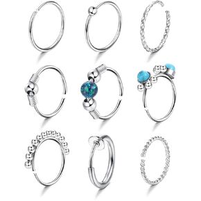 9Pcs Nose Rings Hoops for Women 20G Multi-Shaped 8MM Nose Ring Shiny CZ Cute Septum Nose Rings Bead Heart Butterfly Star Nose Hoop Daith Rook Cartilage Nose Piercing Jewelry Lip Septum Ring
