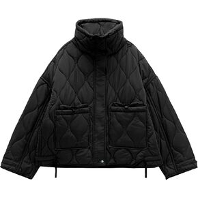 Songling Women's Oversized Quilted Puffer Jacket Stand Collar Zip Up Lightweight Cropped Padded Winter Coat with Pockets(Black,M) in Kuwait