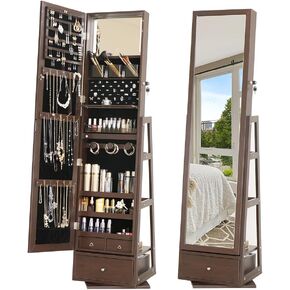 360° Swivel Full Length Mirror Jewelry Cabinet Standing With Built-In Mirror - 63.7"H Jewelry Armoire With Mirror & 3 Drawers, Lockable Storage Mirror With 3 Storage Racks (Black)