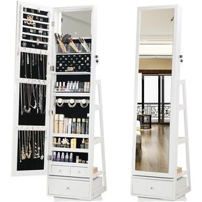 360° Swivel Full Length Mirror Jewelry Cabinet Standing With Built-In Mirror - 63.7"H Jewelry Armoire With Mirror & 3 Drawers, Lockable Storage Mirror With 3 Storage Racks (Black)