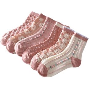 CHERSE 6 Pairs Women Vintage Jacquard Ruffle Frilly Medium Cut Pink Cute Socks Floral Printed Casual Ankle Socks