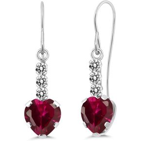 Gem Stone King 14K White Gold Red Created Ruby and White Diamond French Wire Dangle Hook Earrings For Women (2.12 Cttw, Gemstone July Birthstone, Heart Shape 6MM)