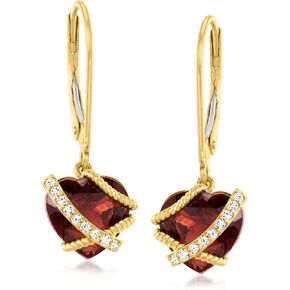 Ross-Simons 4.10 ct. t.w. Garnet and Diamond-Accented Heart Drop Earrings in 14kt Yellow Gold