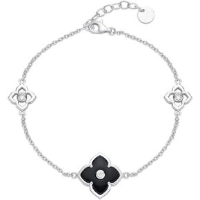 Lavari Jewelers Malachite, Black Onyx or Mother of Pearl and Cubic Zirconia Flower Bracelet for Women in 925 Sterling Silver with Gold Plating 7 to 8 Inches Adjustable Lobster Claw