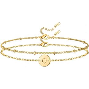 Glimmerst Initial Bracelet for Women, 18K Gold Plated Stainless Steel Layered Coin Letter Bracelet Beaded Chain Personalized Name Bracelet for Girls