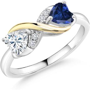 Gem Stone King 925 Sterling Silver and 10K Yellow Gold Blue Created Sapphire and White Moissanite (0.96 Cttw, Heart 5MM, Available In Size 5, 6, 7, 8, 9)