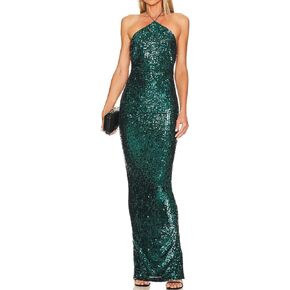 JLCNCUE Women Halter Neck Maxi Dress Open Back Sequin Treasure Evening Gown Back Hem Slit Bodycon Cocktail Dress 251
