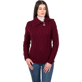 SAOL 100% Merino Wool Aran Fisherman Celtic Half Zipper Neck Sweater for Ladies