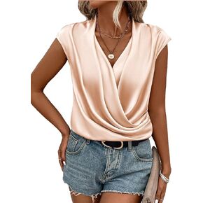 OYOANGLE Women's Cap Sleeve V Neck Draped Front Wrapped Work Office Bodysuits Tops