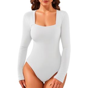 MANGOPOP Women's Sexy Square Neck Bodysuits Long Sleeve Basic Slim Tank Tops Jumpsuit