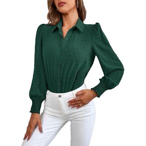 WDIRARA Women's Swiss Dots Shirred Bishop Sleeve Button Front Collared Shirt Bodysuit