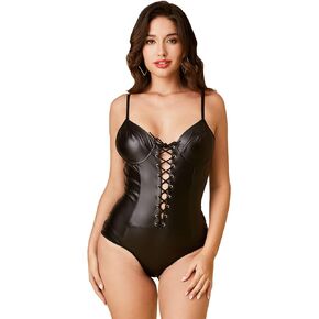 SweatyRocks Women's Faux Leather Spaghetti Strap Lace Up Tie Front Cami Bodysuit Party Top