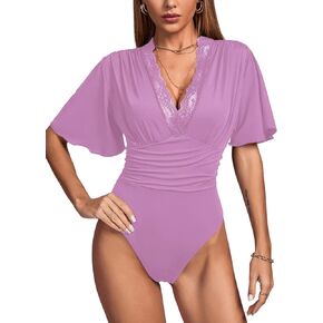 Umenlele Women's Lace Deep V Neck Short Bell Sleeve Ruched High Waist Leotard Bodysuit Top