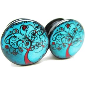 Blue & Red Tree of Life Ear Plugs - Acrylic - Screw on - New *Pair* - 8 Sizes
