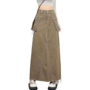 تنورة نسائية من الدنيم تنورة طويلة عالية الخصر بحاشية خام وجيوب واسعة وتنورة جينز طويلة مع فتحة في الخلف Y2k ملابس الشارع in Kuwait