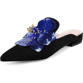 TRKYYK Sequin Flower Mules for Women,Pointed Toe Slip on Backless Slides Loafer