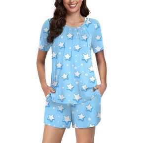 Anyhold Women's 2 Piece Pajama Sets, Short Sleeve Plus Size Lounge Sleepwear Ladies Pjs Sets with Pockets