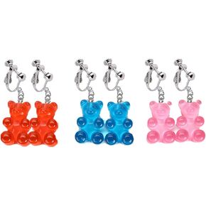 3 Pairs Gummy Bear Clip on Earrings Resin Bear Drop Colorful Cartoon Non Pierced Clip Earrings for Women
