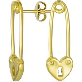 Inspirational Symbol Paper Clip Love Lock Drop Sweet Heart Safety Pin Earrings Stud For Women Teen 14K Yellow Gold Plated .925 Sterling Silver