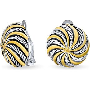 Geometric Swirl Two Tone Round Button Disc Clip On Earrings Non Pierced Ears Black Oxidized Sliver Gold Plated Brass