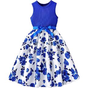 Floerns Girl's Floral Print Sleeveless Round Neck Summer A Line Midi Dress