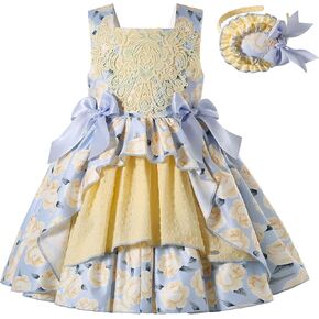 Pettigirl فتاة الصيف الأصفر خمر حفل الأزهار الملابس الزي طفل رضيع كشكش فساتين الحفلات لطيف in Kuwait