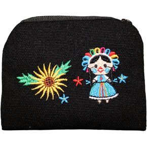 BIEM WORLD Mexican hand-embroidered coin purse, lele rag doll themed for cards bills or coins (geometric print 2)
