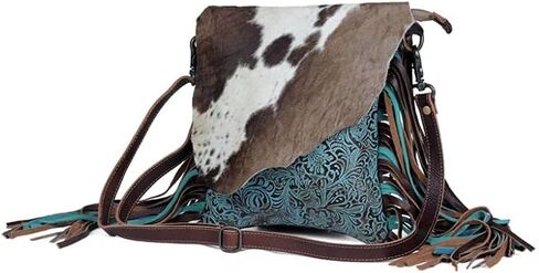 Myra Bag Cobal Blue Conceal Carry Cow print tooled leather fringe bag S-3345 in Kuwait