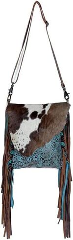 Myra Bag Cobal Blue Conceal Carry Cow print tooled leather fringe bag S-3345 in Kuwait
