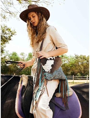 Myra Bag Cobal Blue Conceal Carry Cow print tooled leather fringe bag S-3345 in Kuwait