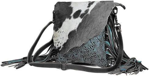Myra Bag Cobal Blue Conceal Carry Cow print tooled leather fringe bag S-3345 in Kuwait