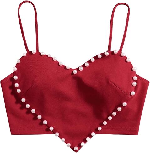 OYOANGLE Women's Pearls Trim Asymmetrical Hem Cami Crop Top Sleeveless Backless Spaghetti Strap Camisole in Kuwait