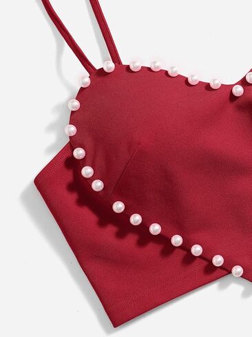 OYOANGLE Women's Pearls Trim Asymmetrical Hem Cami Crop Top Sleeveless Backless Spaghetti Strap Camisole in Kuwait