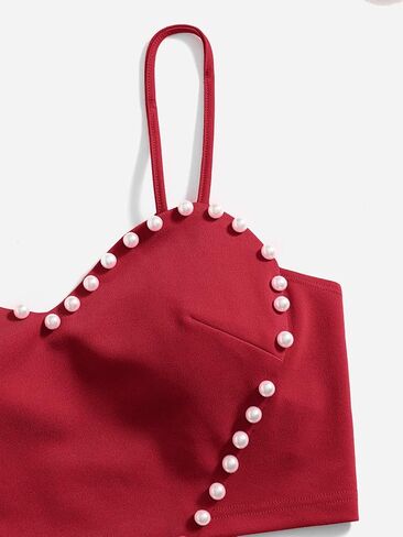 OYOANGLE Women's Pearls Trim Asymmetrical Hem Cami Crop Top Sleeveless Backless Spaghetti Strap Camisole in Kuwait