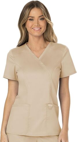 مجموعة ملابس العمل للنساء من Cherokee ثورة WW610 Mock Wrap Top & WW110 منتصف الارتفاع مستقيم الساق سحب على بانت، كاكي - 2XL توب / 2XL بانت in Saudi Arabia
