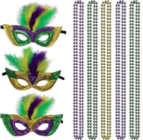 مجموعة من 12 قطعة من أقنعة ماردي جراس وقلادات الخرز - مجموعة إكسسوارات زي ماردي جراس بما في ذلك قلادات ماردي جراس وقناع للحفلات التنكرية in Kuwait