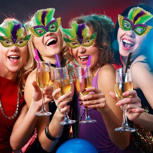 مجموعة من 12 قطعة من أقنعة ماردي جراس وقلادات الخرز - مجموعة إكسسوارات زي ماردي جراس بما في ذلك قلادات ماردي جراس وقناع للحفلات التنكرية in Kuwait