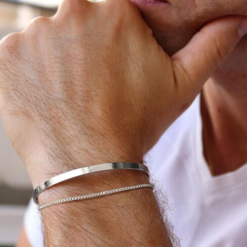 Moodear Stackable Bracelets for Men, 925 Sterling Silver/14K Gold Plated Bracelet Sets Dainty Chain Bangle Cuff Bracelet for Boys Snake Box Cuban Link Adjustable Bracelet for Mens Jewelry in Saudi Arabia