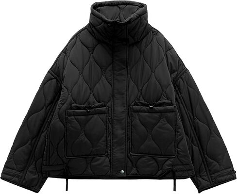 Songling Women's Oversized Quilted Puffer Jacket Stand Collar Zip Up Lightweight Cropped Padded Winter Coat with Pockets(Black,M) in Kuwait