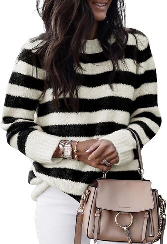 Dokotoo Sweaters for Women 2023 Crewneck Striped Cute Color Block Fall Winter Knitted Pullover Tops in Kuwait