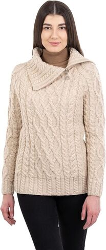 SAOL 100% Merino Wool Aran Fisherman Celtic Half Zipper Neck Sweater for Ladies in Saudi Arabia