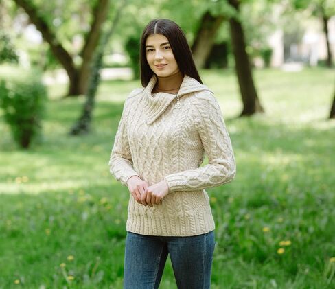 SAOL 100% Merino Wool Aran Fisherman Celtic Half Zipper Neck Sweater for Ladies in Saudi Arabia
