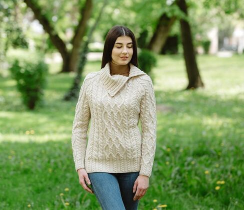 SAOL 100% Merino Wool Aran Fisherman Celtic Half Zipper Neck Sweater for Ladies in Saudi Arabia