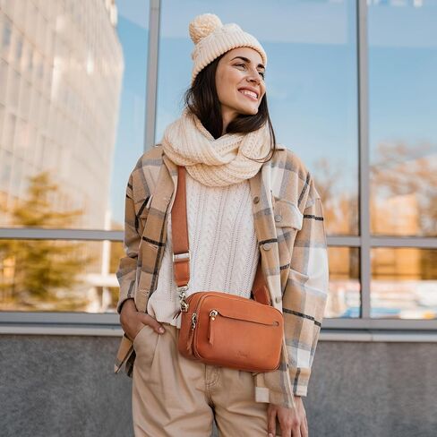 S-ZONE Genuine Leather RFID Blocking Crossbody Bags for Women Cell Phone Purse Women’s Shoulder Handbags Wide Strap Card Slot in Kuwait